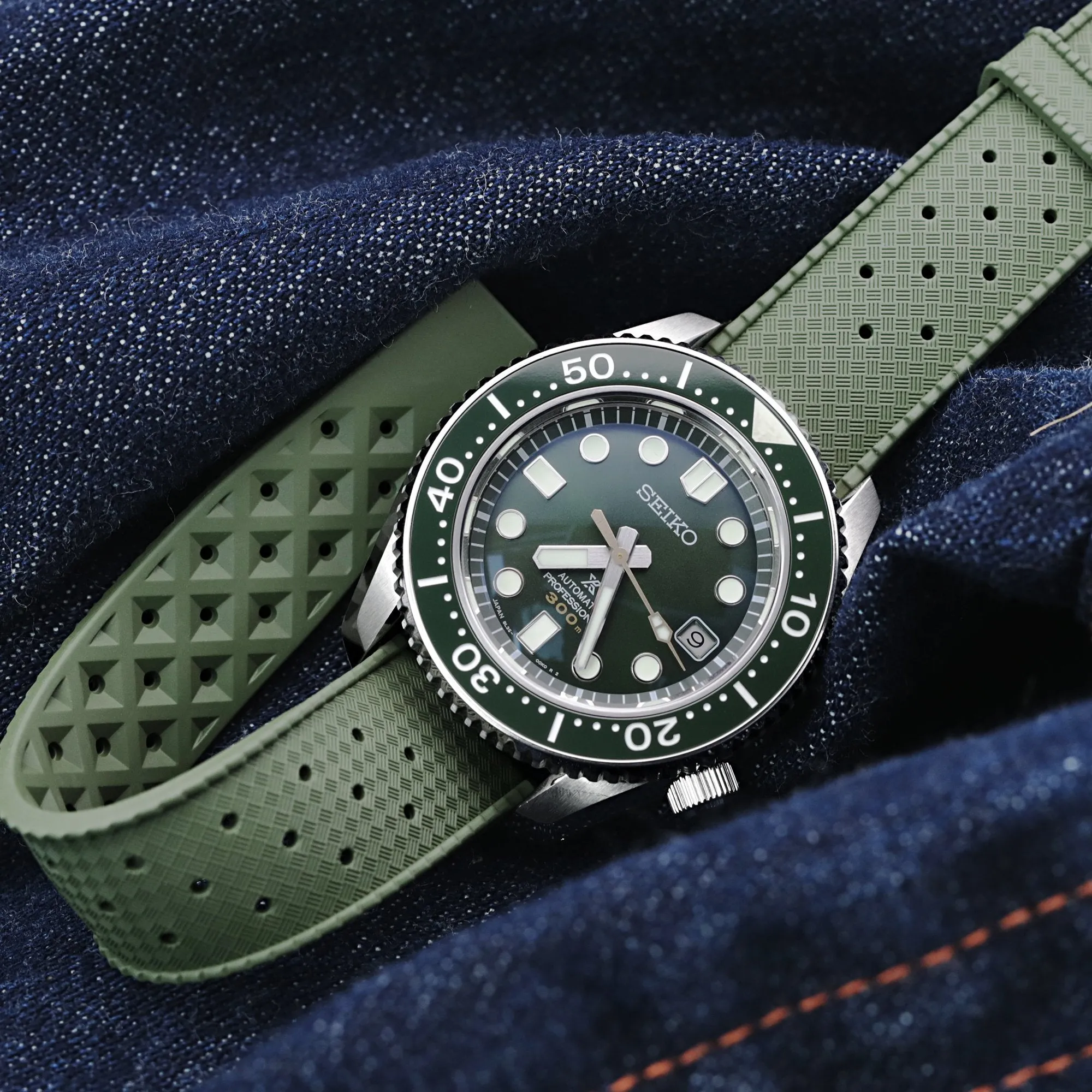 Quick Release Military Green Tropical-Style Pro FKM rubber watch strap, 19mm, 20mm or 22mm