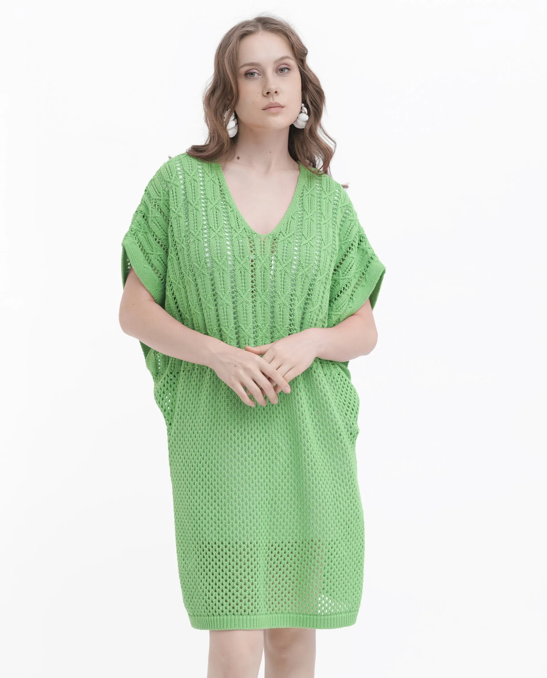 Rareism Women Espantiago Green Cotton Fabric Short Sleeves V-Neck Extended Sleeve Relaxed Fit Plain Knee Length Dress