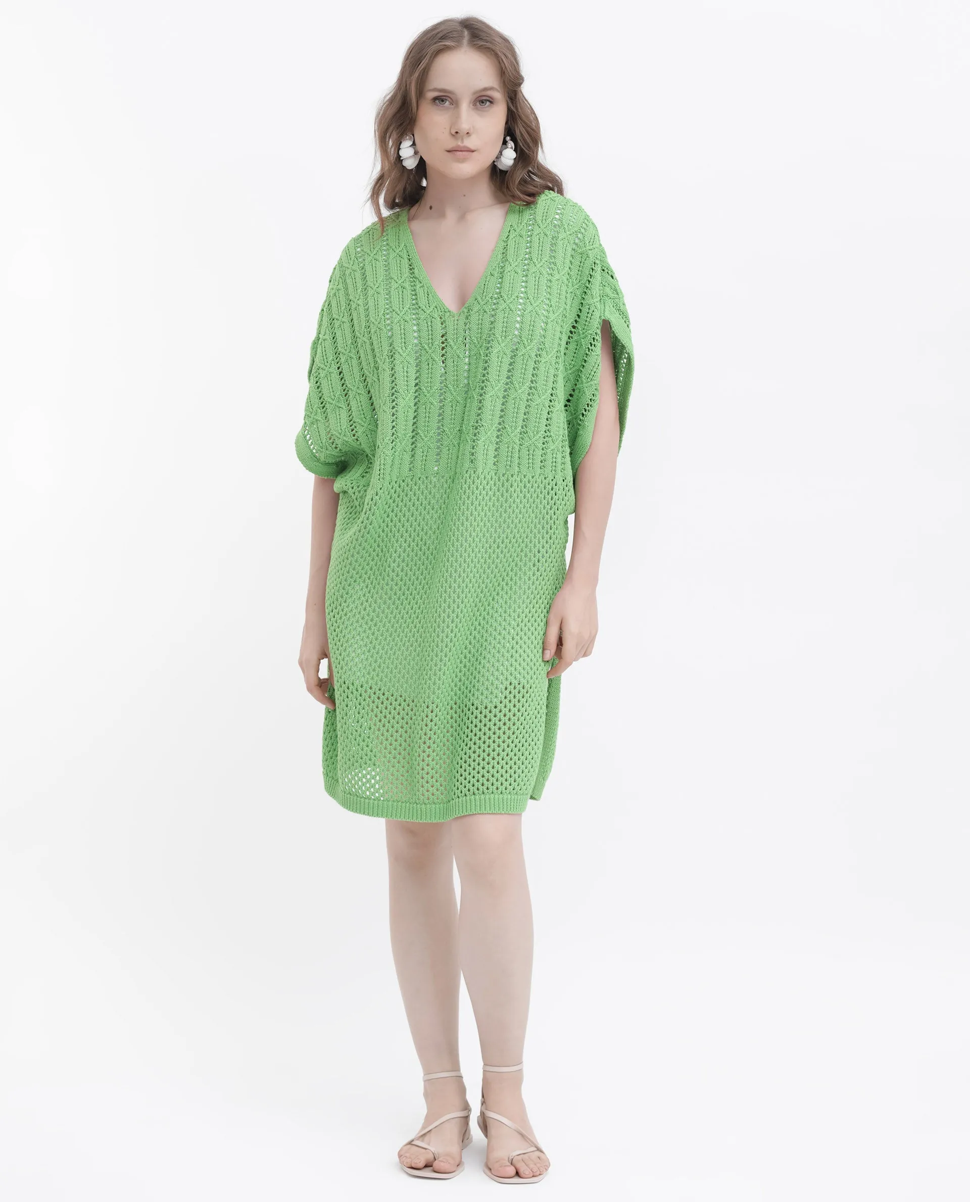 Rareism Women Espantiago Green Cotton Fabric Short Sleeves V-Neck Extended Sleeve Relaxed Fit Plain Knee Length Dress