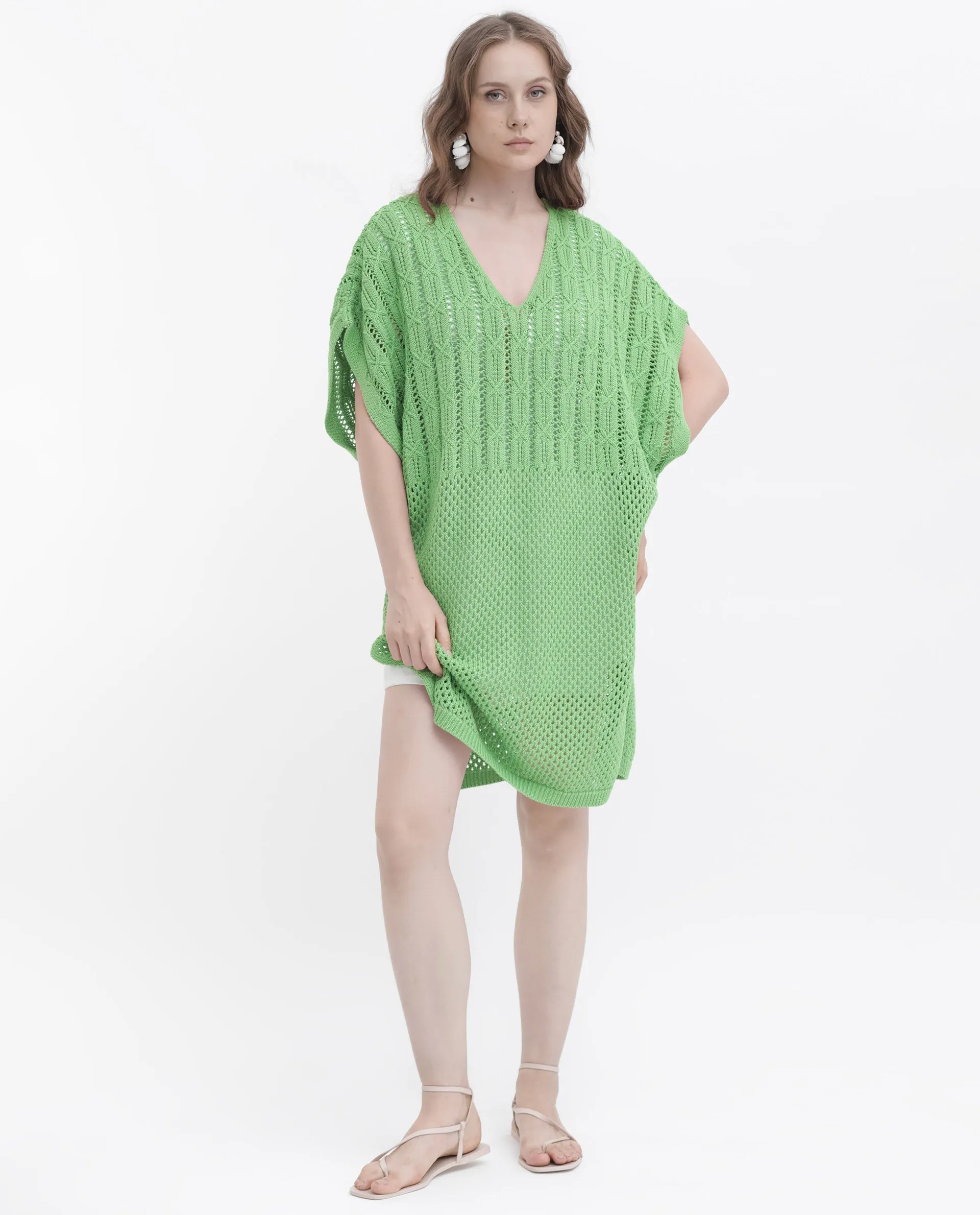 Rareism Women Espantiago Green Cotton Fabric Short Sleeves V-Neck Extended Sleeve Relaxed Fit Plain Knee Length Dress