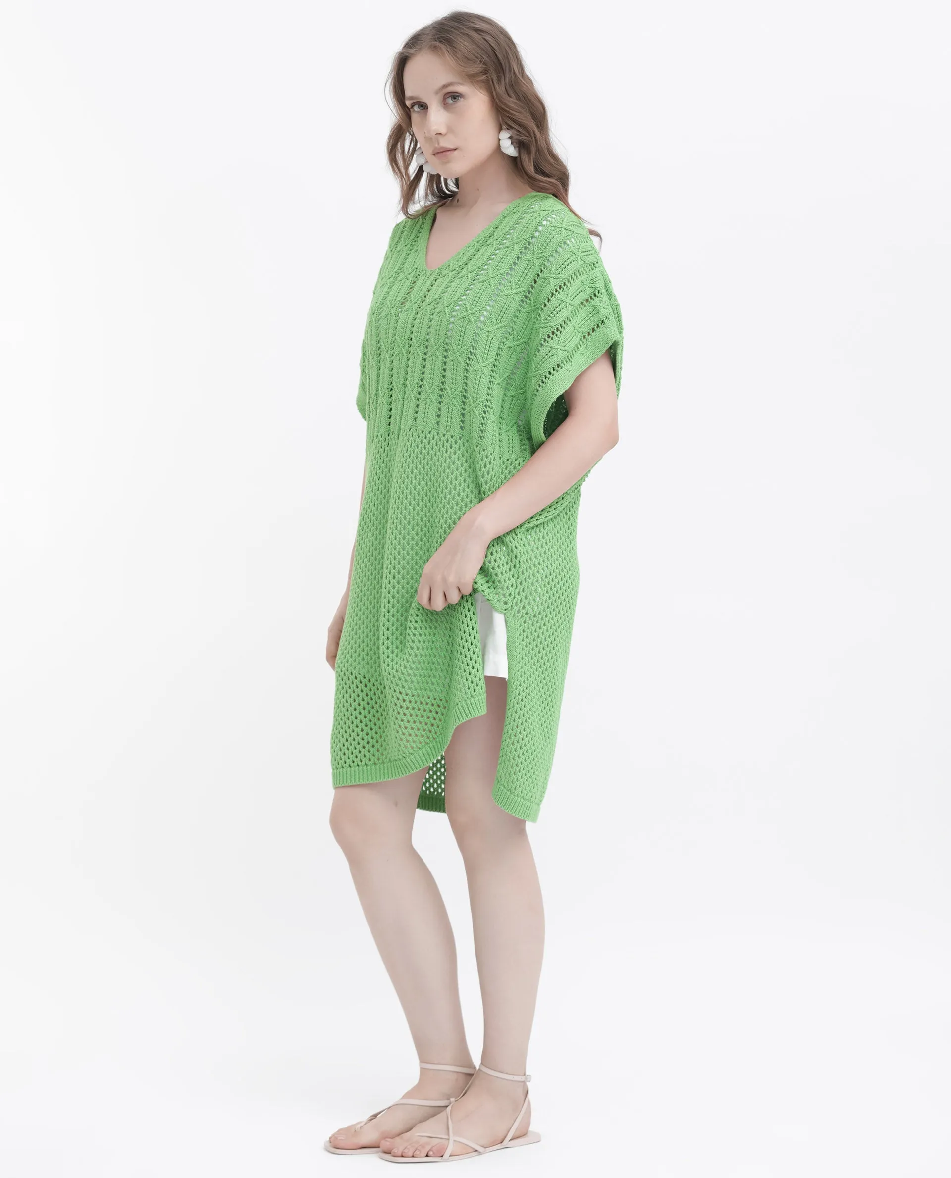 Rareism Women Espantiago Green Cotton Fabric Short Sleeves V-Neck Extended Sleeve Relaxed Fit Plain Knee Length Dress