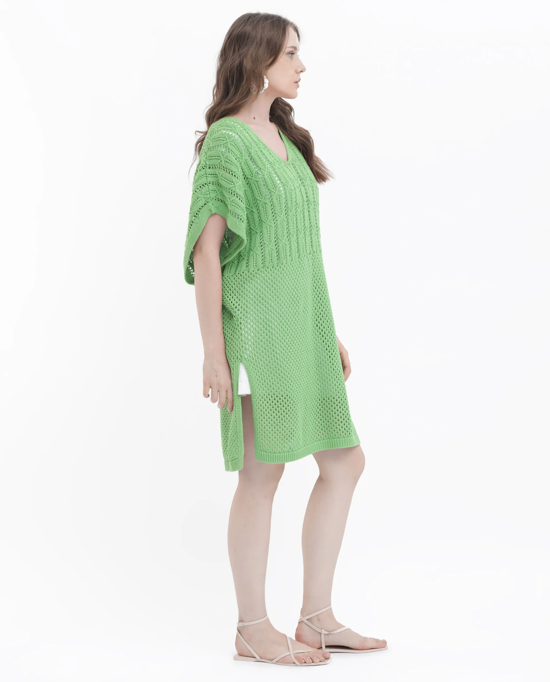 Rareism Women Espantiago Green Cotton Fabric Short Sleeves V-Neck Extended Sleeve Relaxed Fit Plain Knee Length Dress