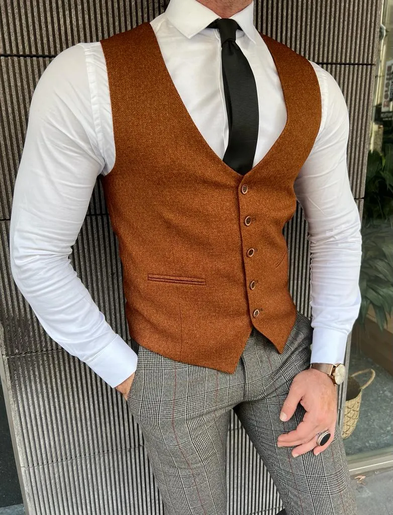 Rick Slim Fit Plaid Camel Vest