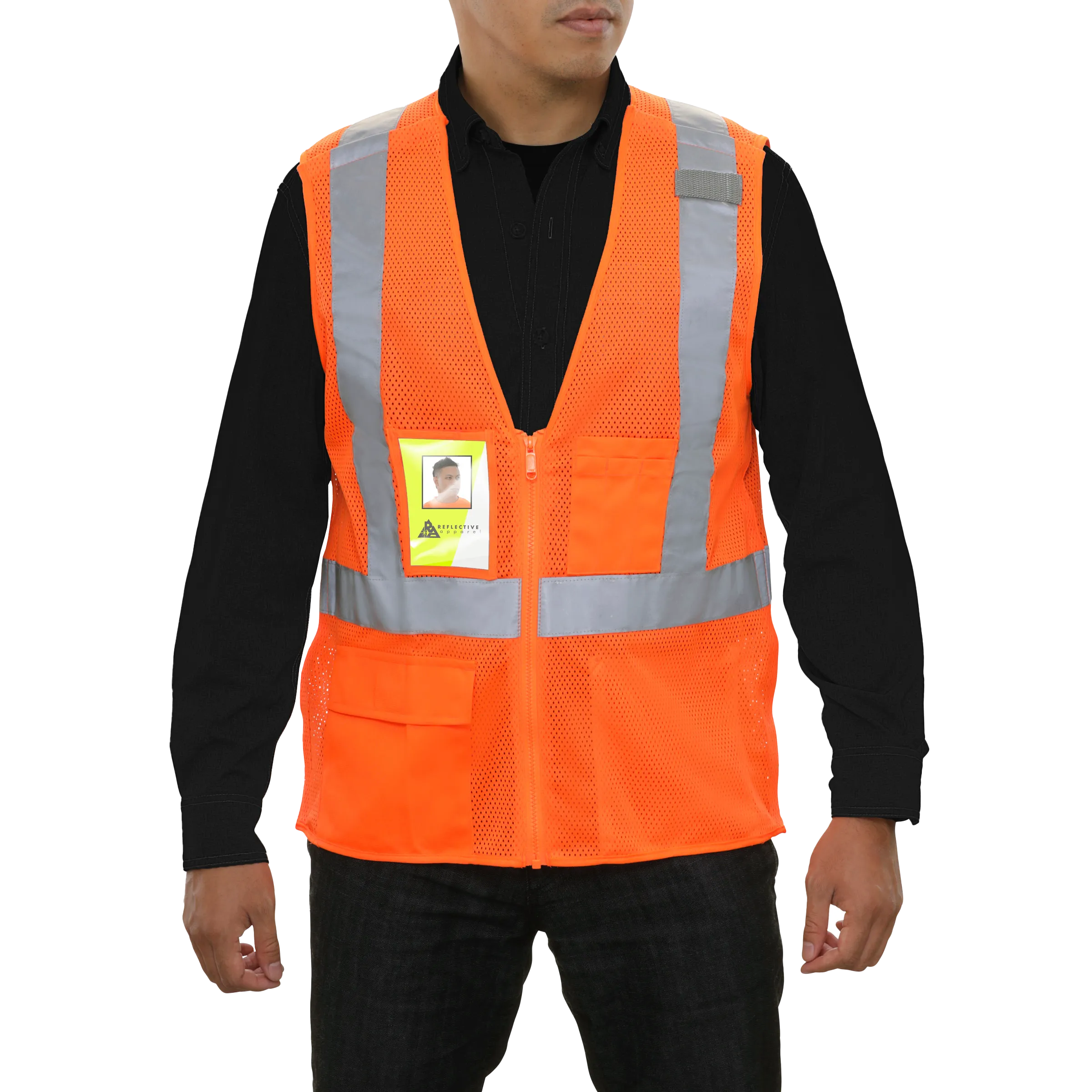 Safety Vest Clear ID Pocket 5pt Breakaway X-Back Orange Zip Mesh