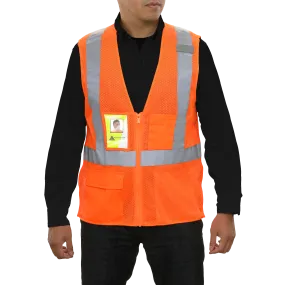 Safety Vest Clear ID Pocket 5pt Breakaway X-Back Orange Zip Mesh