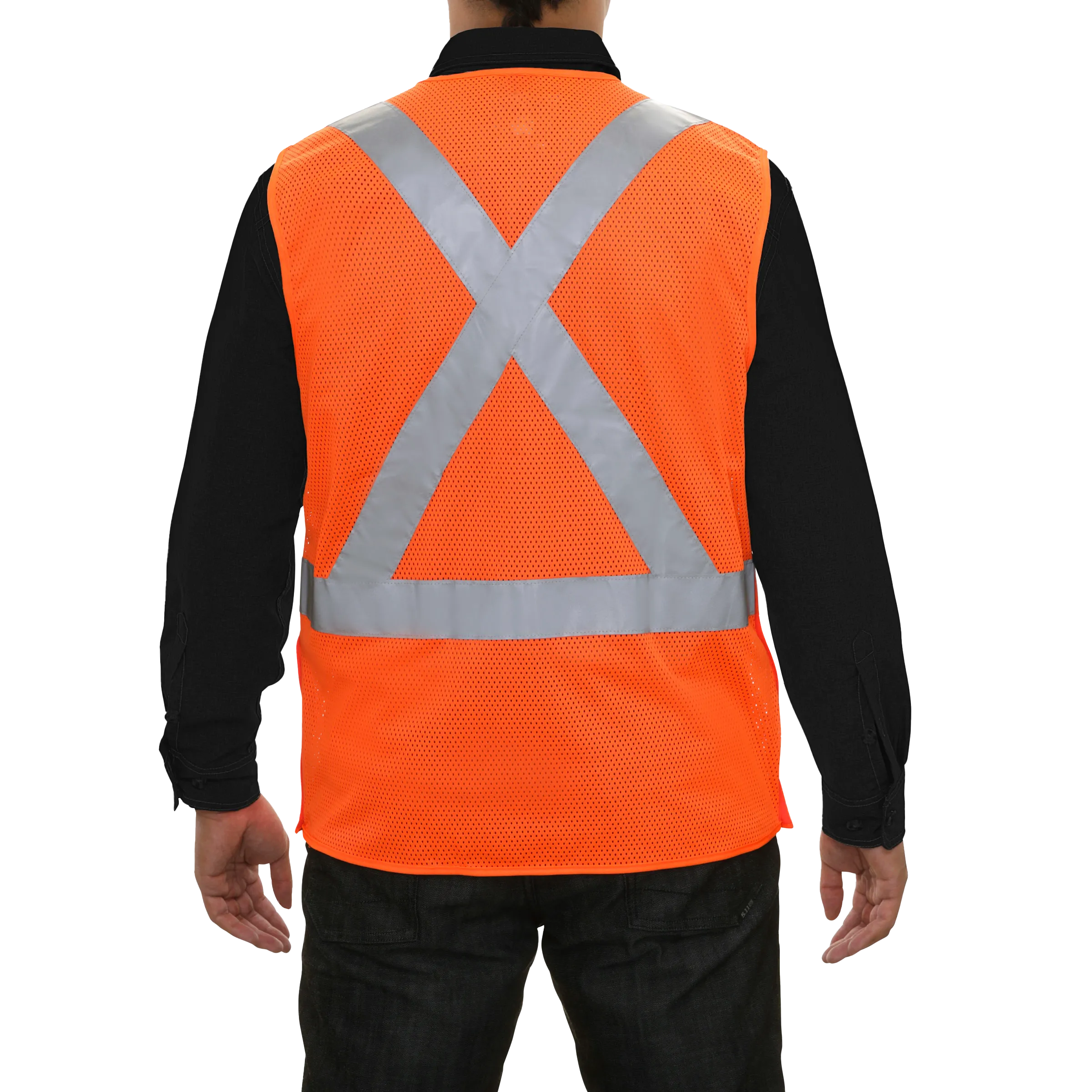 Safety Vest Clear ID Pocket 5pt Breakaway X-Back Orange Zip Mesh