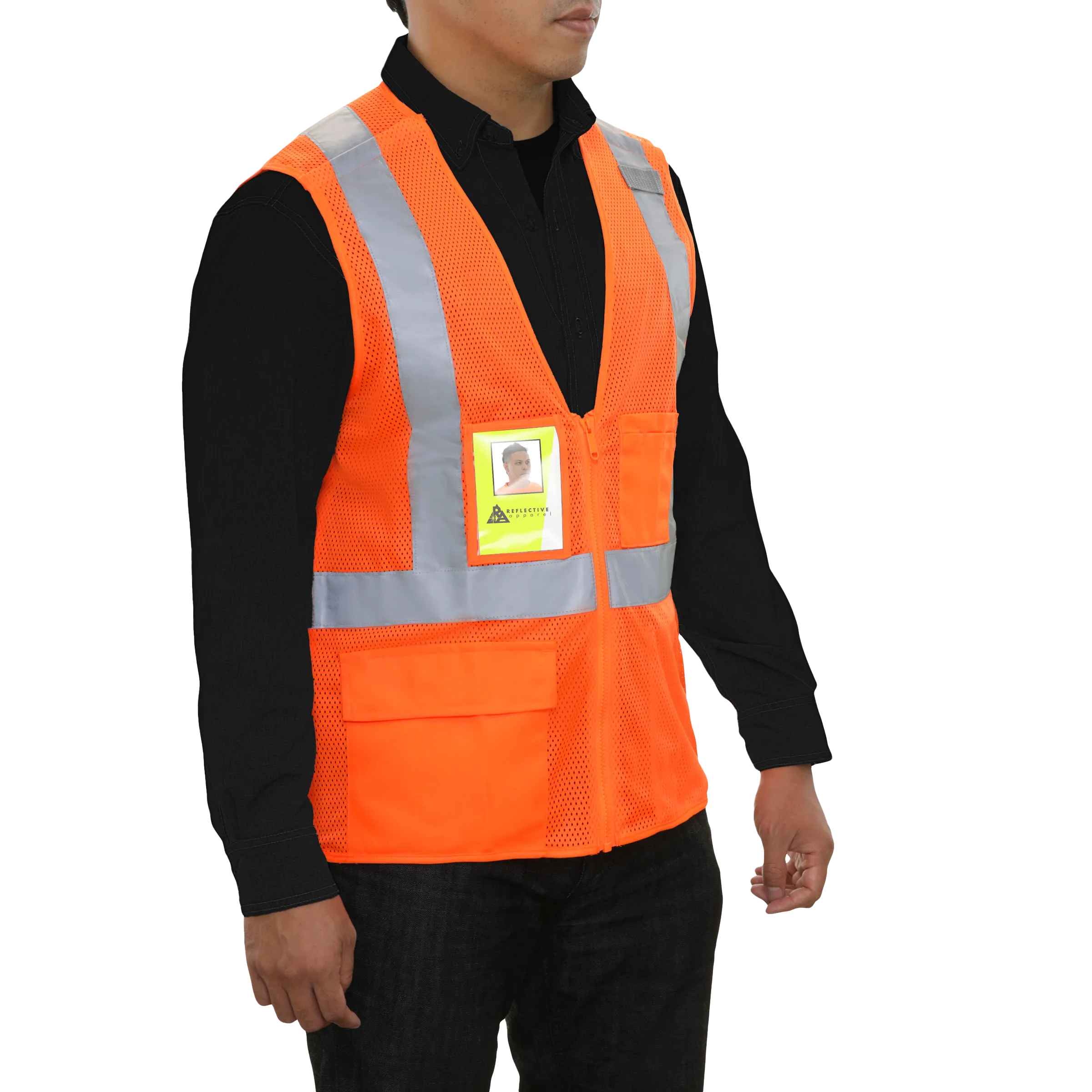 Safety Vest Clear ID Pocket 5pt Breakaway X-Back Orange Zip Mesh