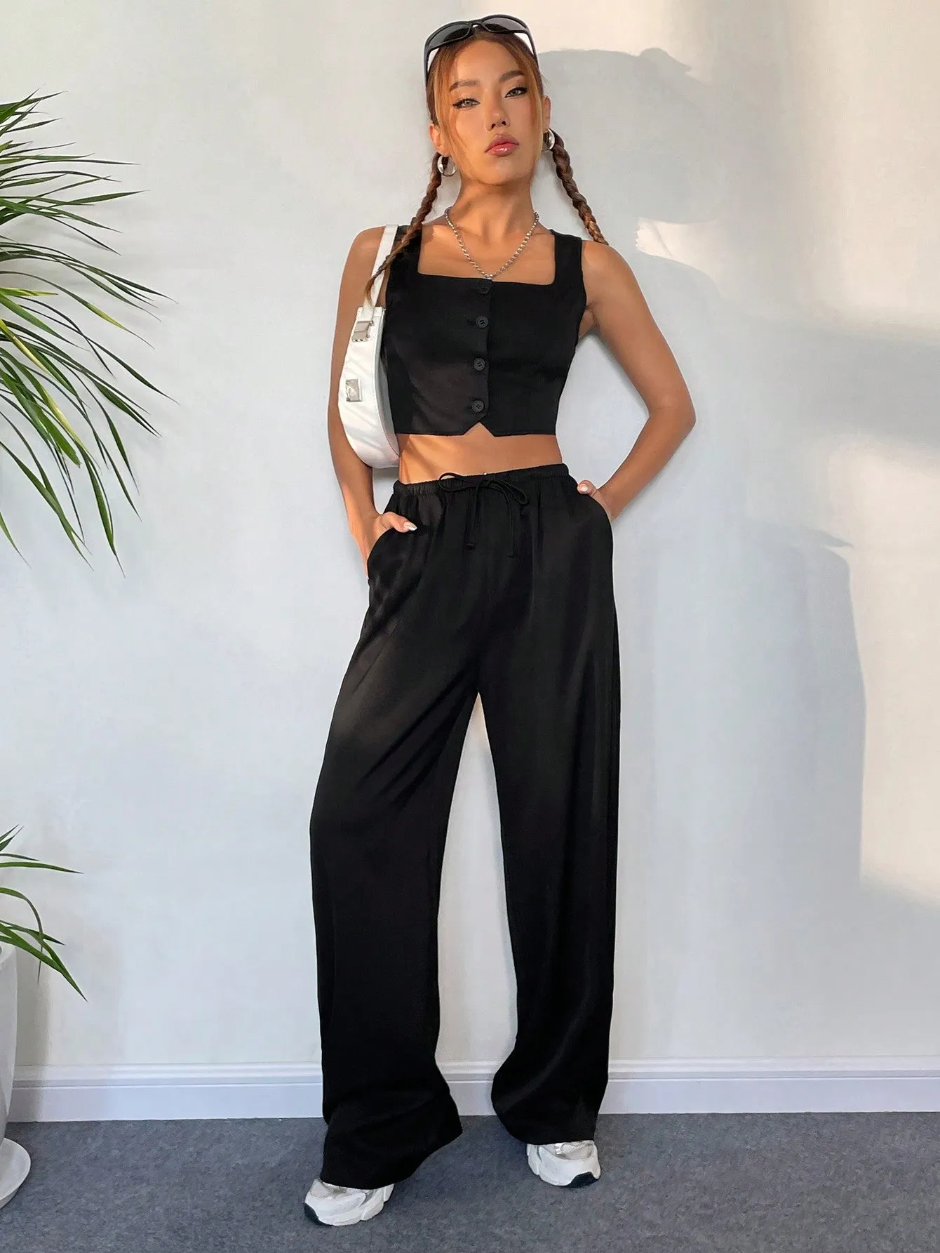 SHEIN Button Front Tank Top & Wide Leg Pants