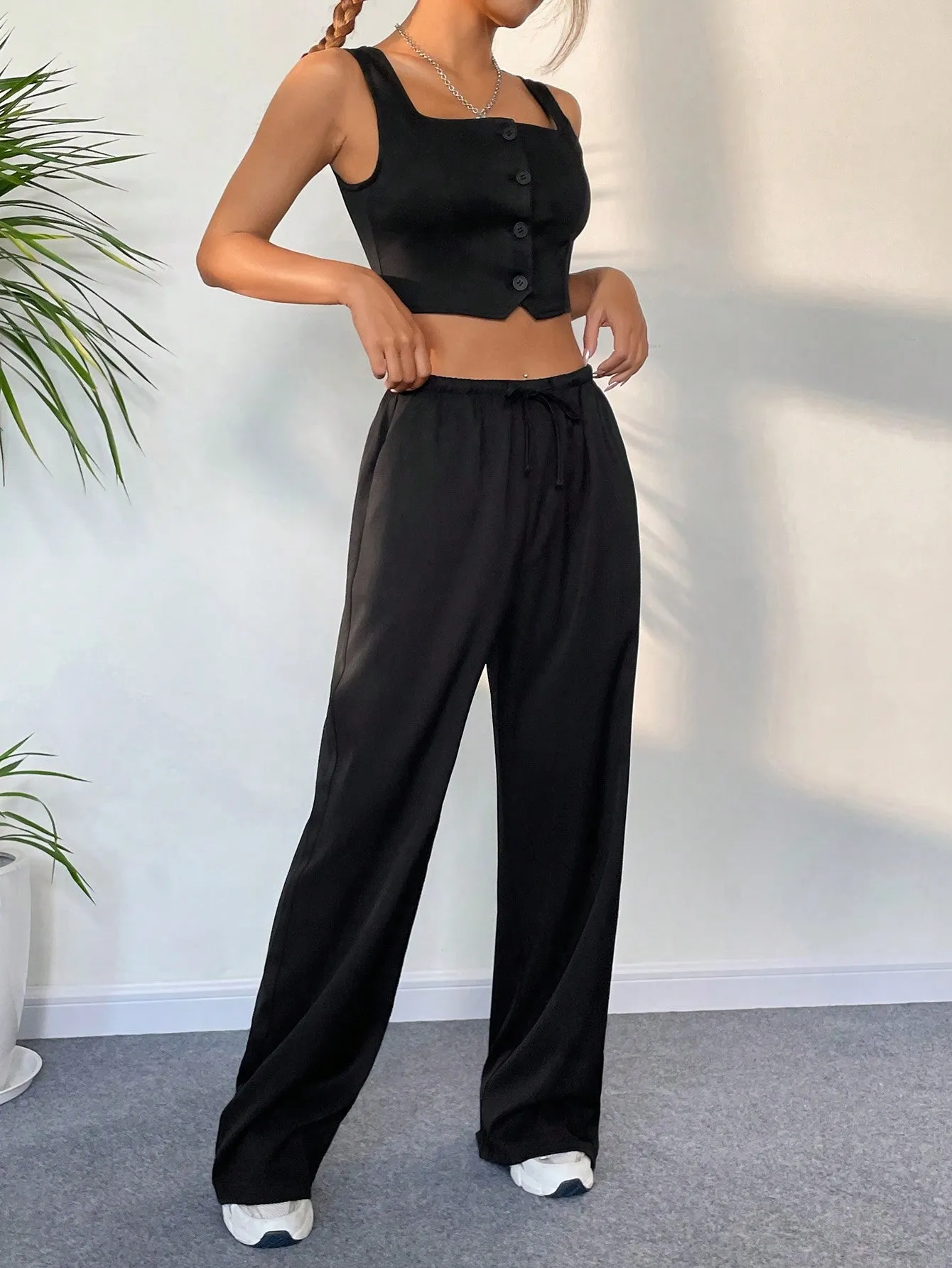 SHEIN Button Front Tank Top & Wide Leg Pants