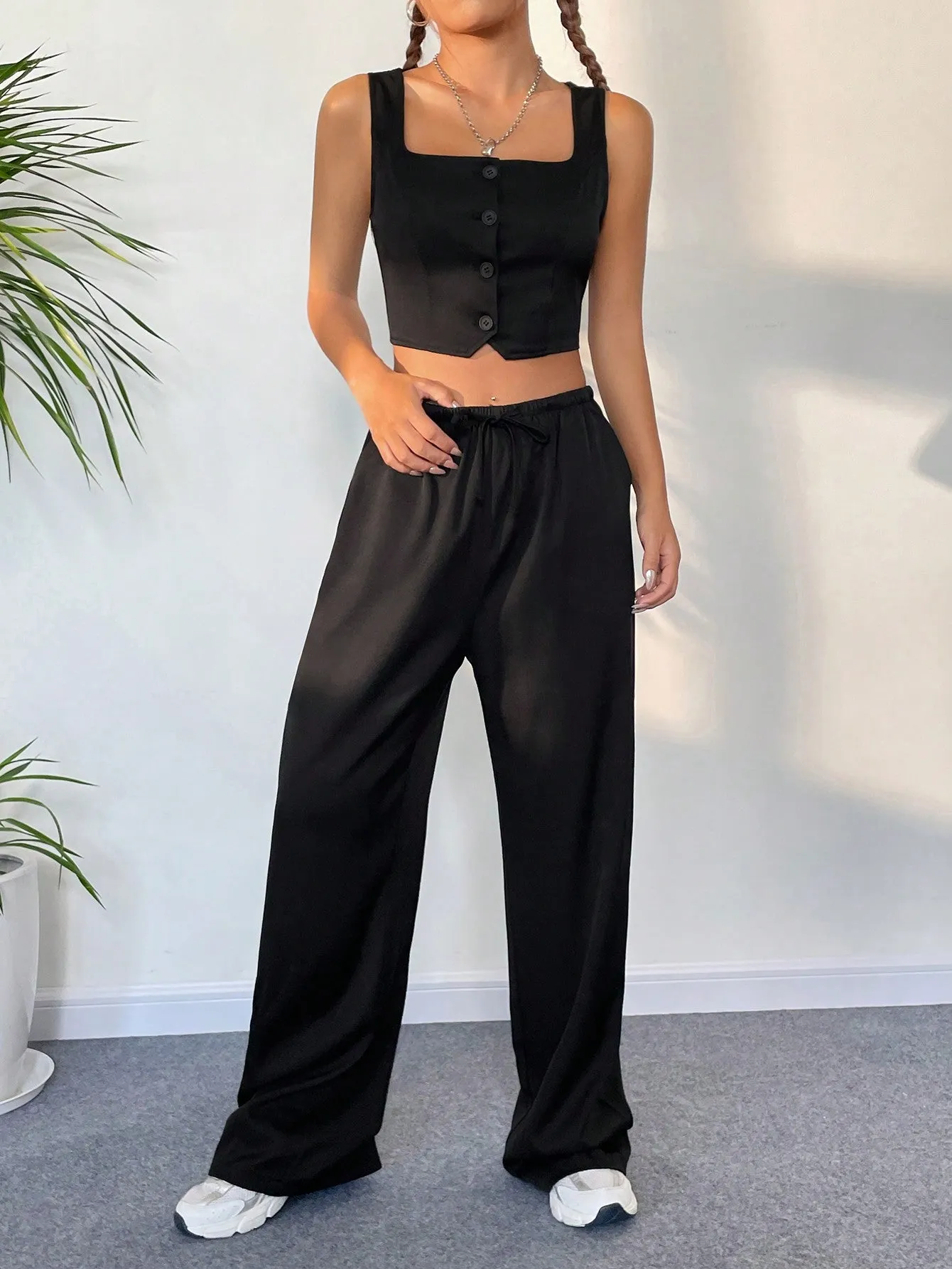 SHEIN Button Front Tank Top & Wide Leg Pants