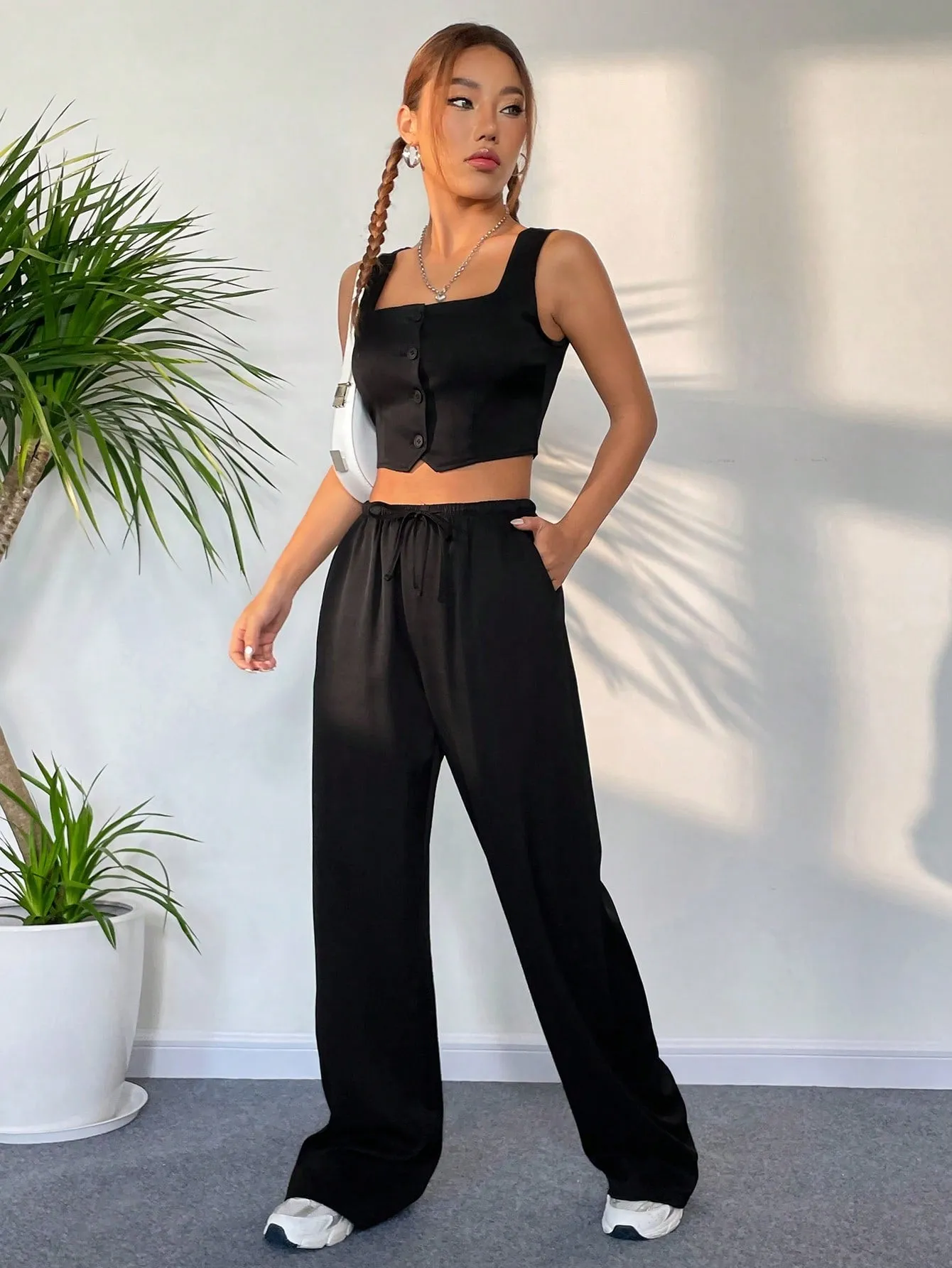 SHEIN Button Front Tank Top & Wide Leg Pants