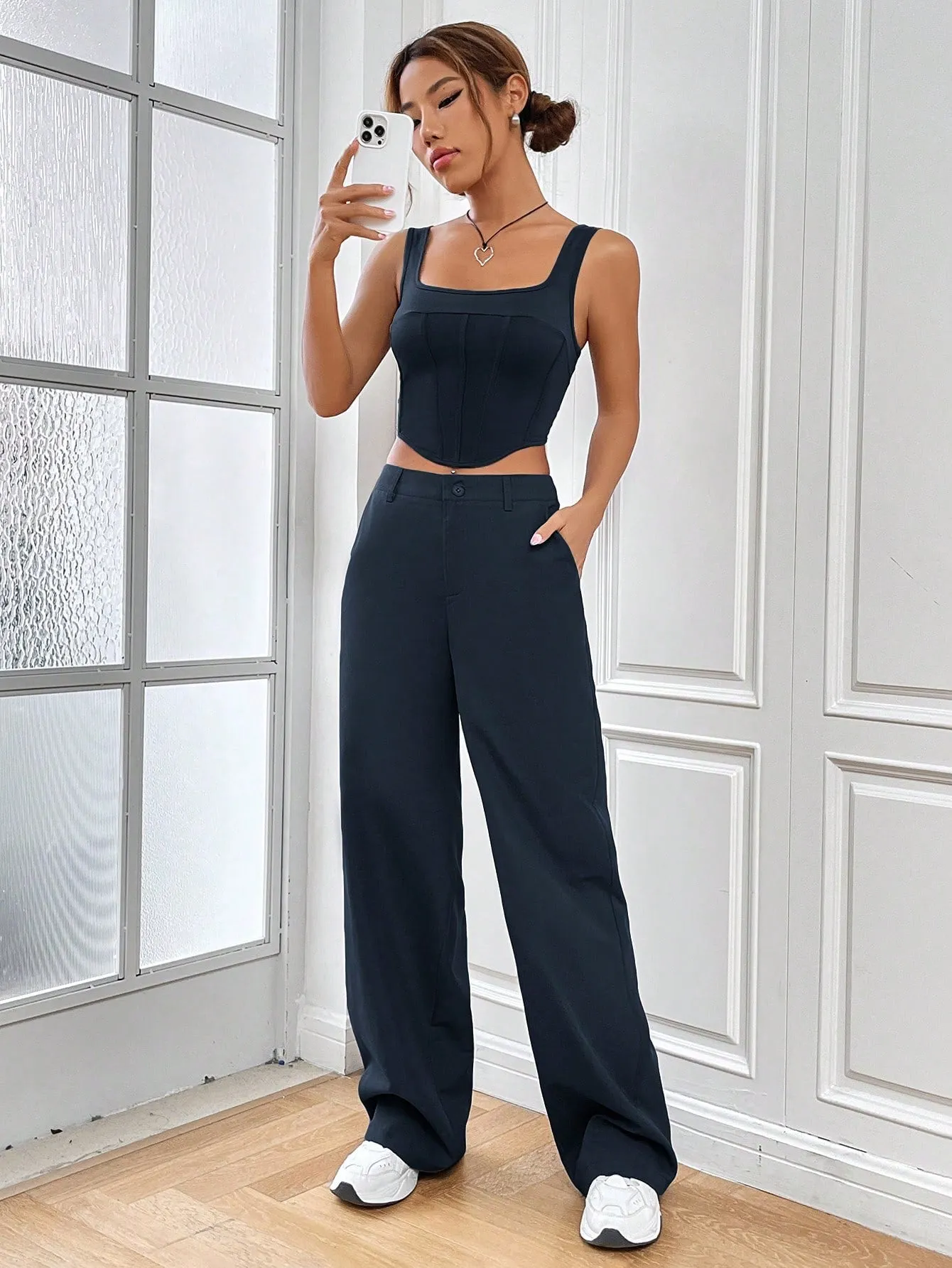 SHEIN EZwear Solid Asymmetrical Hem Tank Top & Wide Leg Pants