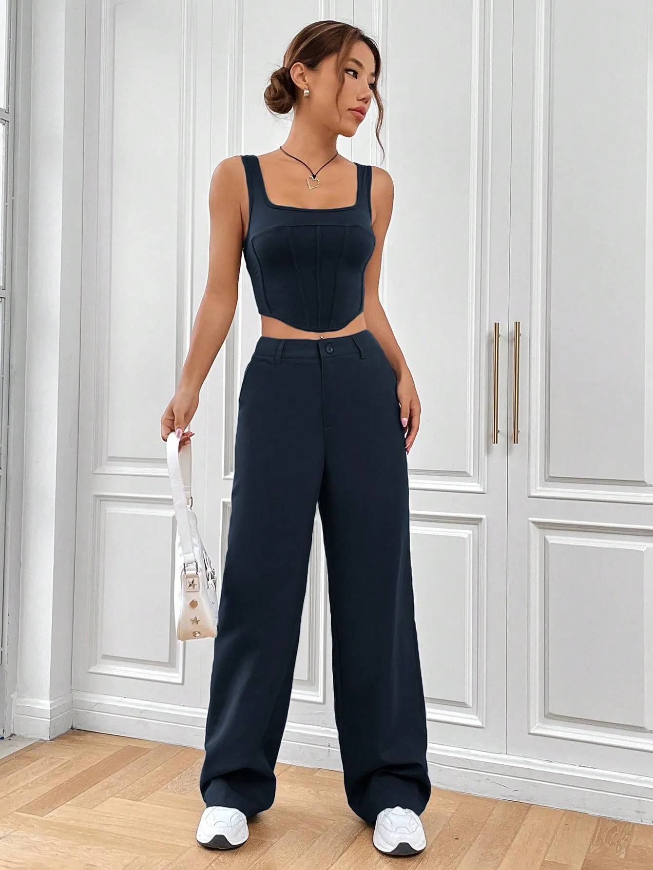 SHEIN EZwear Solid Asymmetrical Hem Tank Top & Wide Leg Pants