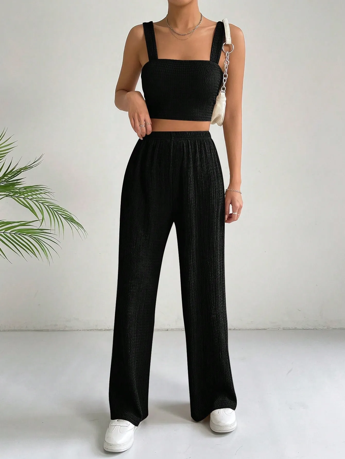 SHEIN EZwear Solid Crop Cami Top & Wide Leg Pants