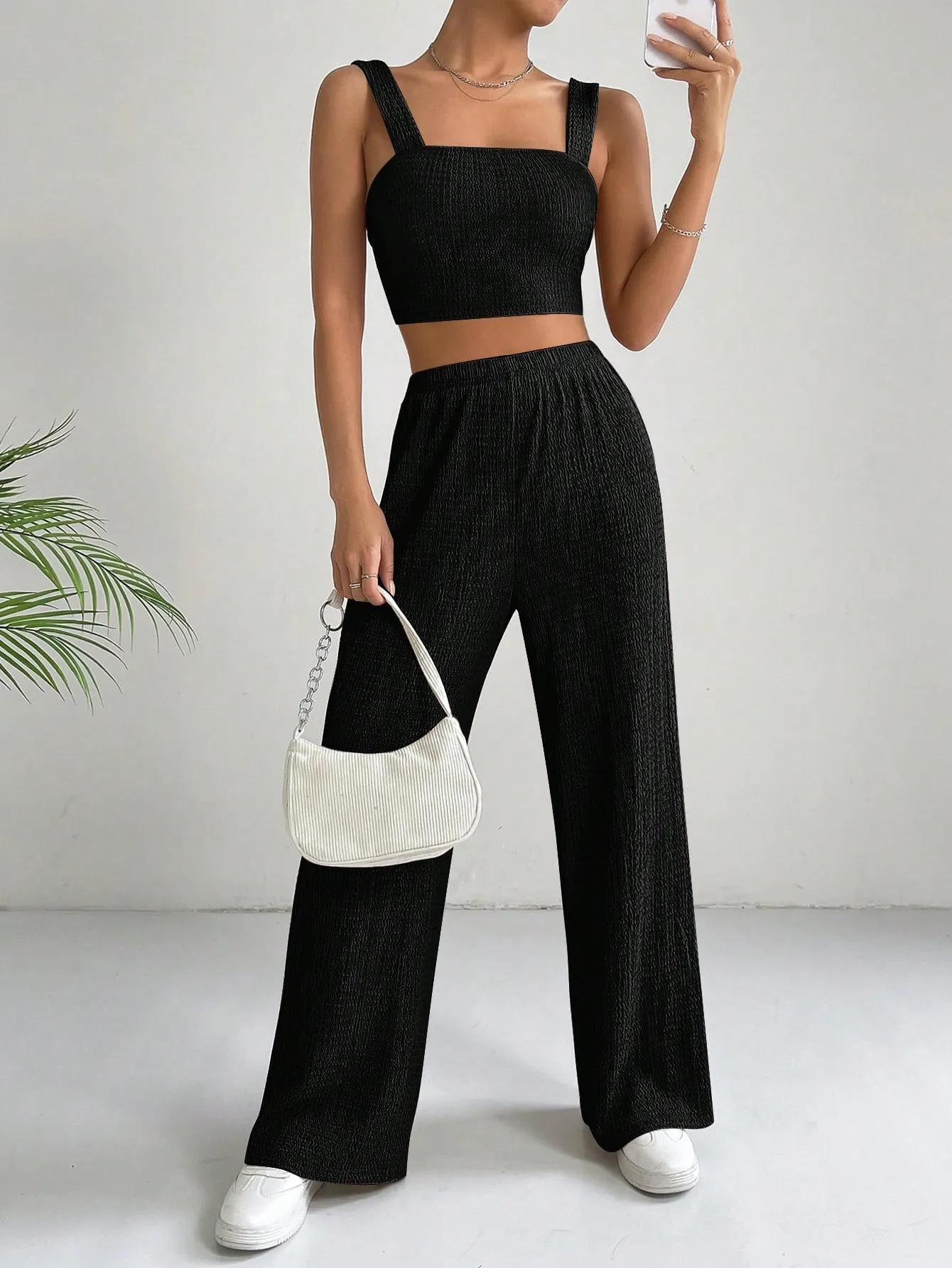 SHEIN EZwear Solid Crop Cami Top & Wide Leg Pants