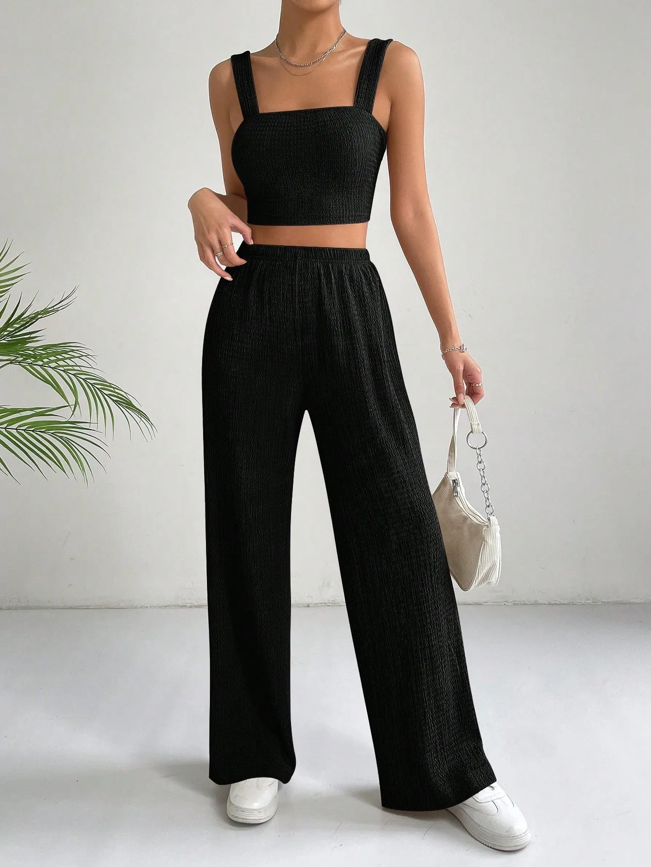 SHEIN EZwear Solid Crop Cami Top & Wide Leg Pants