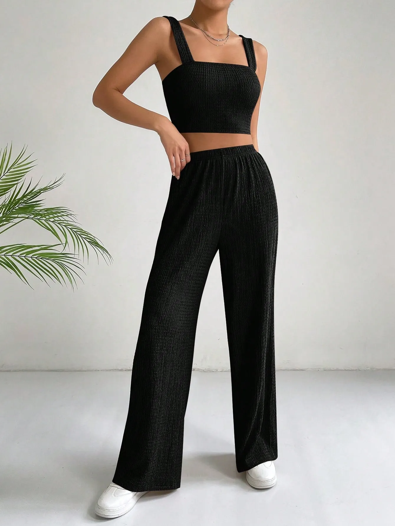 SHEIN EZwear Solid Crop Cami Top & Wide Leg Pants