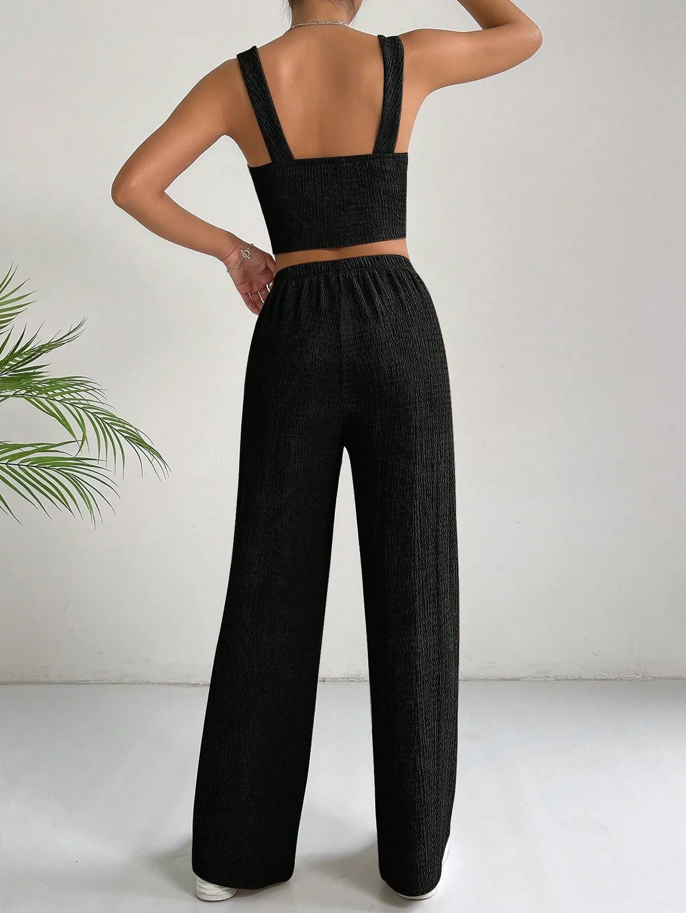 SHEIN EZwear Solid Crop Cami Top & Wide Leg Pants