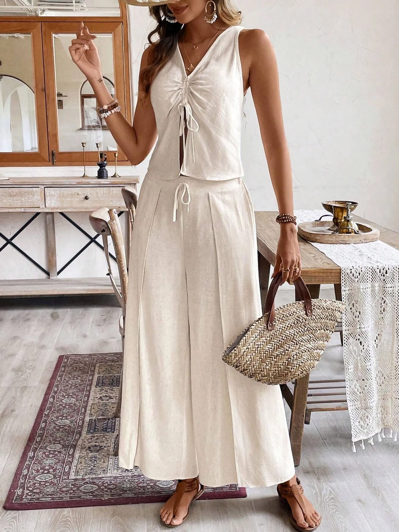 SHEIN Frenchy Linen Pleated Sleeveless Top   Side-Slit Wide Leg Long Pants Set