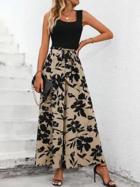 SHEIN LUNE Solid Tank Top & Floral Print Wide Leg Pants