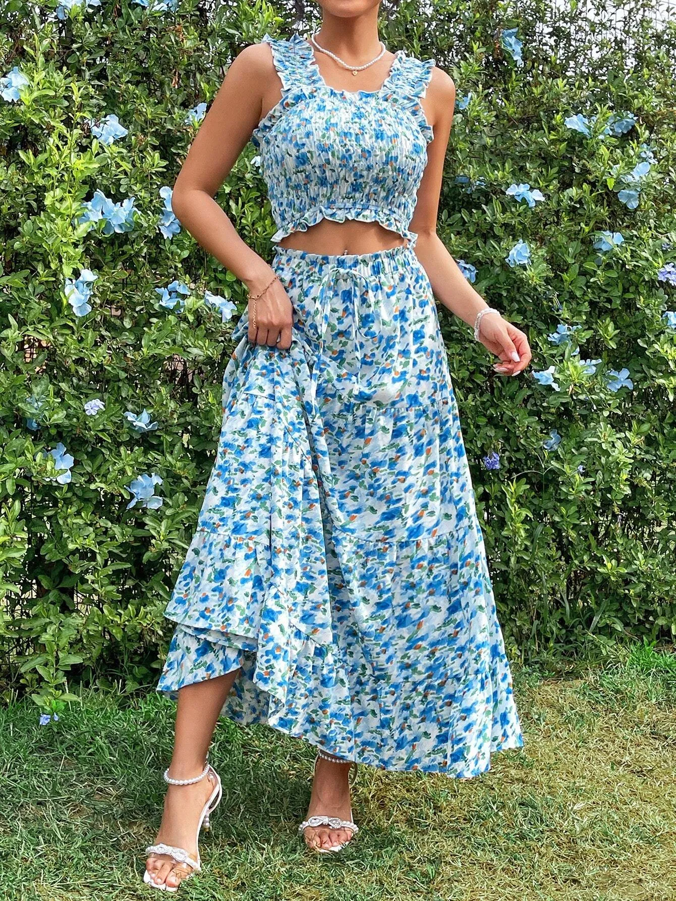 SHEIN Prive Small Floral Print Vacation 2 Piece Outfit