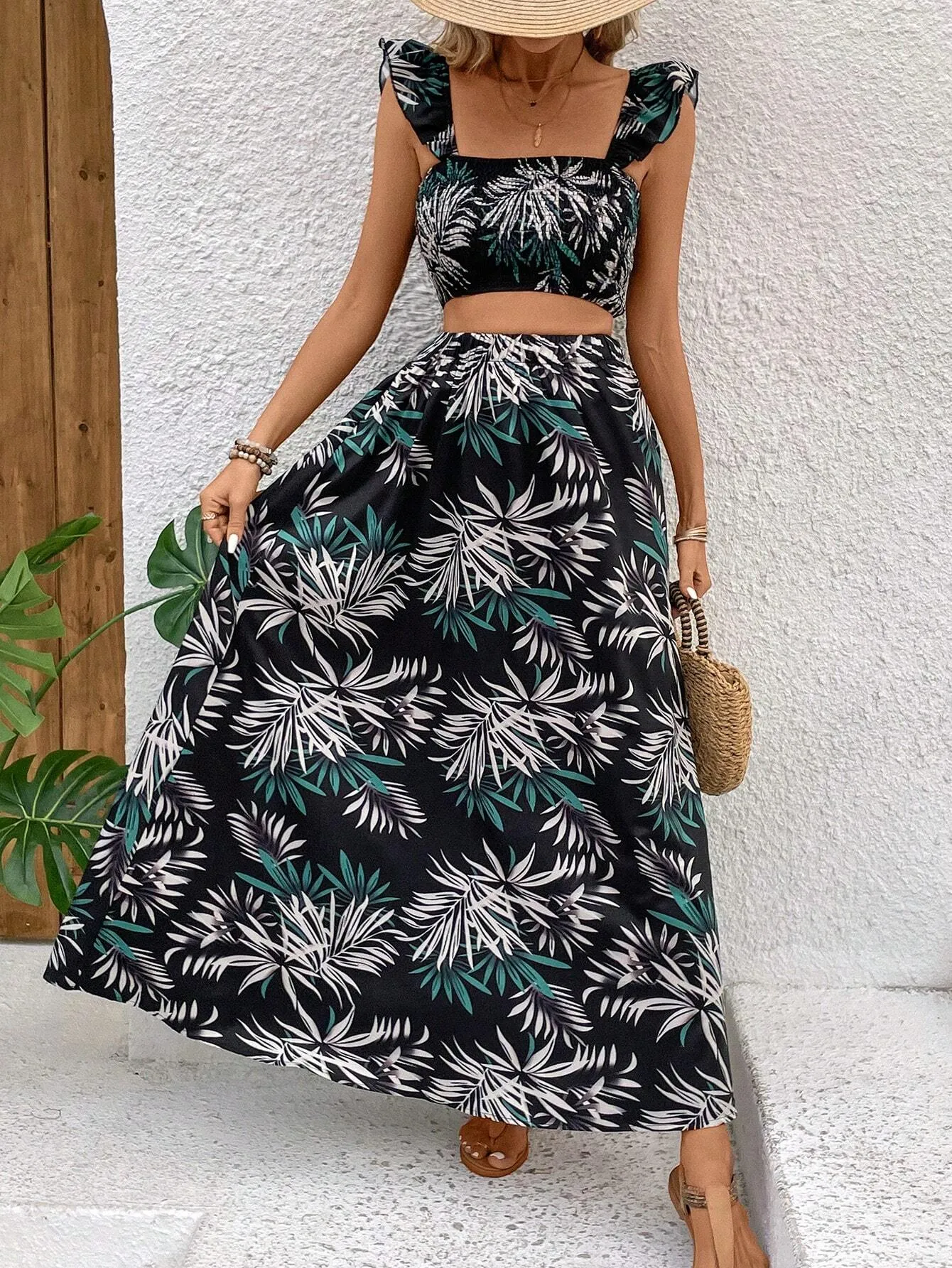 SHEIN VCAY Leaf Print Ruffle Hem Camisole Top And Skirt Set With Square Neckline