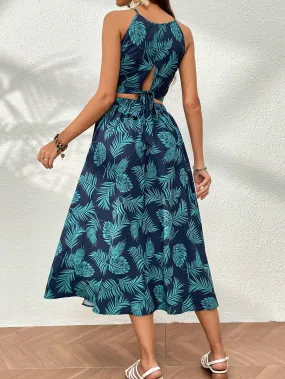 SHEIN VCAY Tropical Print Tie Back Cami Top & Split Thigh Skirt