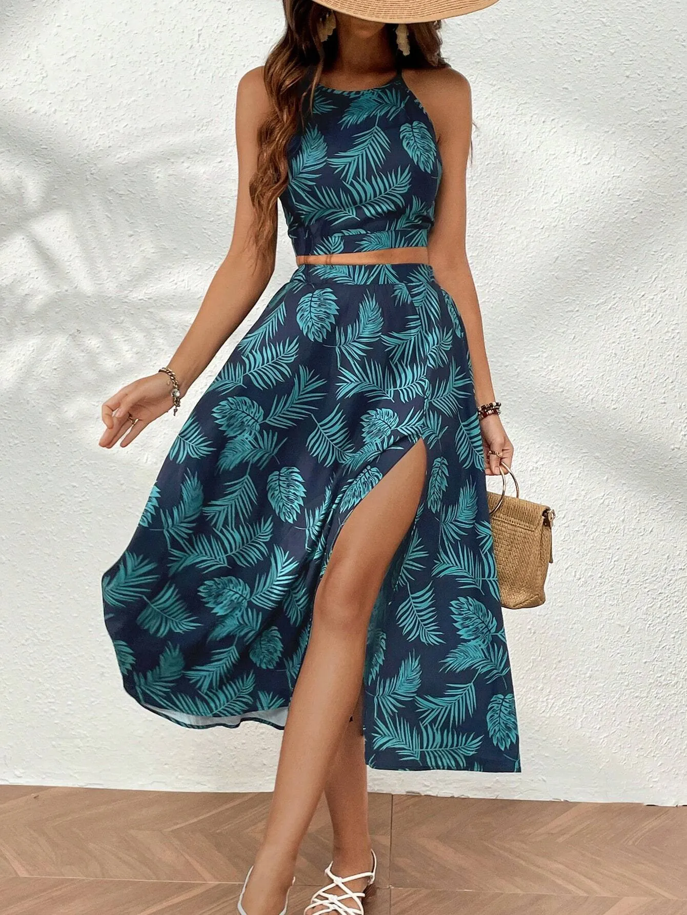 SHEIN VCAY Tropical Print Tie Back Cami Top & Split Thigh Skirt