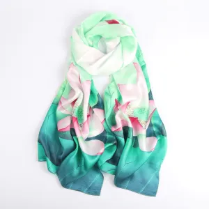 Silk Scarf Collections|Blossom Range|Lotus Design|Green|Long Silk Scarf