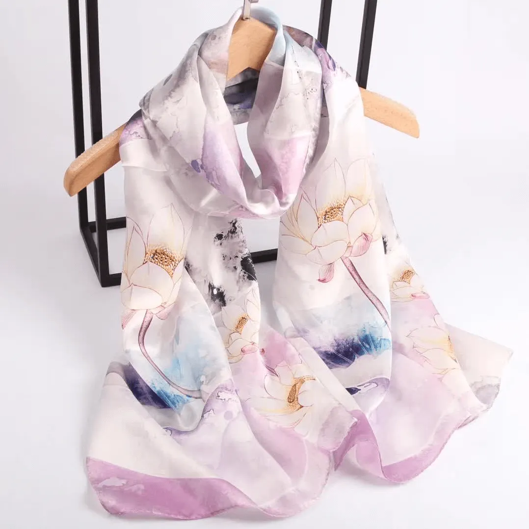 Silk Scarf Collections|Blossom Range|Lotus Design|Lilac|Long Silk Scarf