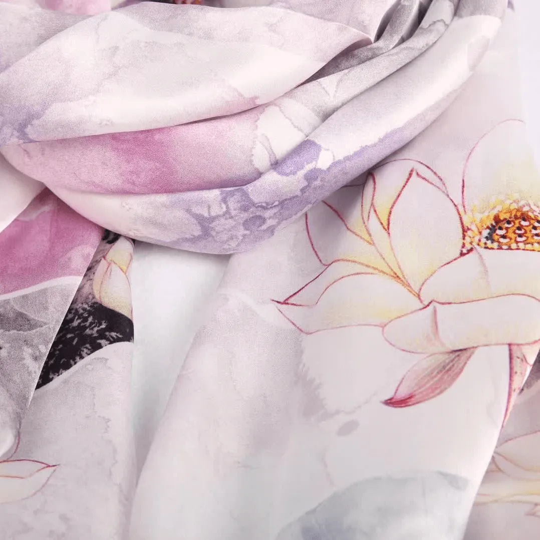 Silk Scarf Collections|Blossom Range|Lotus Design|Lilac|Long Silk Scarf