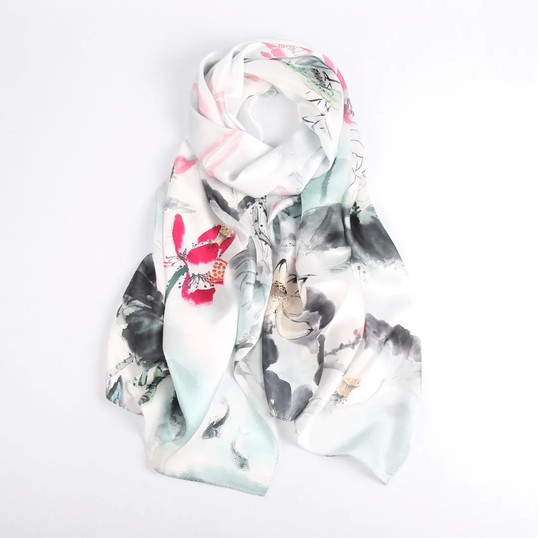 Silk Scarf Collections|Blossom Range|Lotus Design|White|Long Silk Scarf