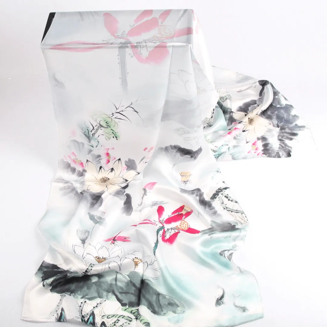 Silk Scarf Collections|Blossom Range|Lotus Design|White|Long Silk Scarf