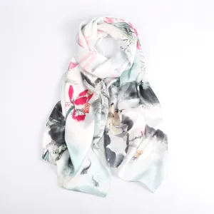 Silk Scarf Collections|Blossom Range|Lotus Design|White|Long Silk Scarf