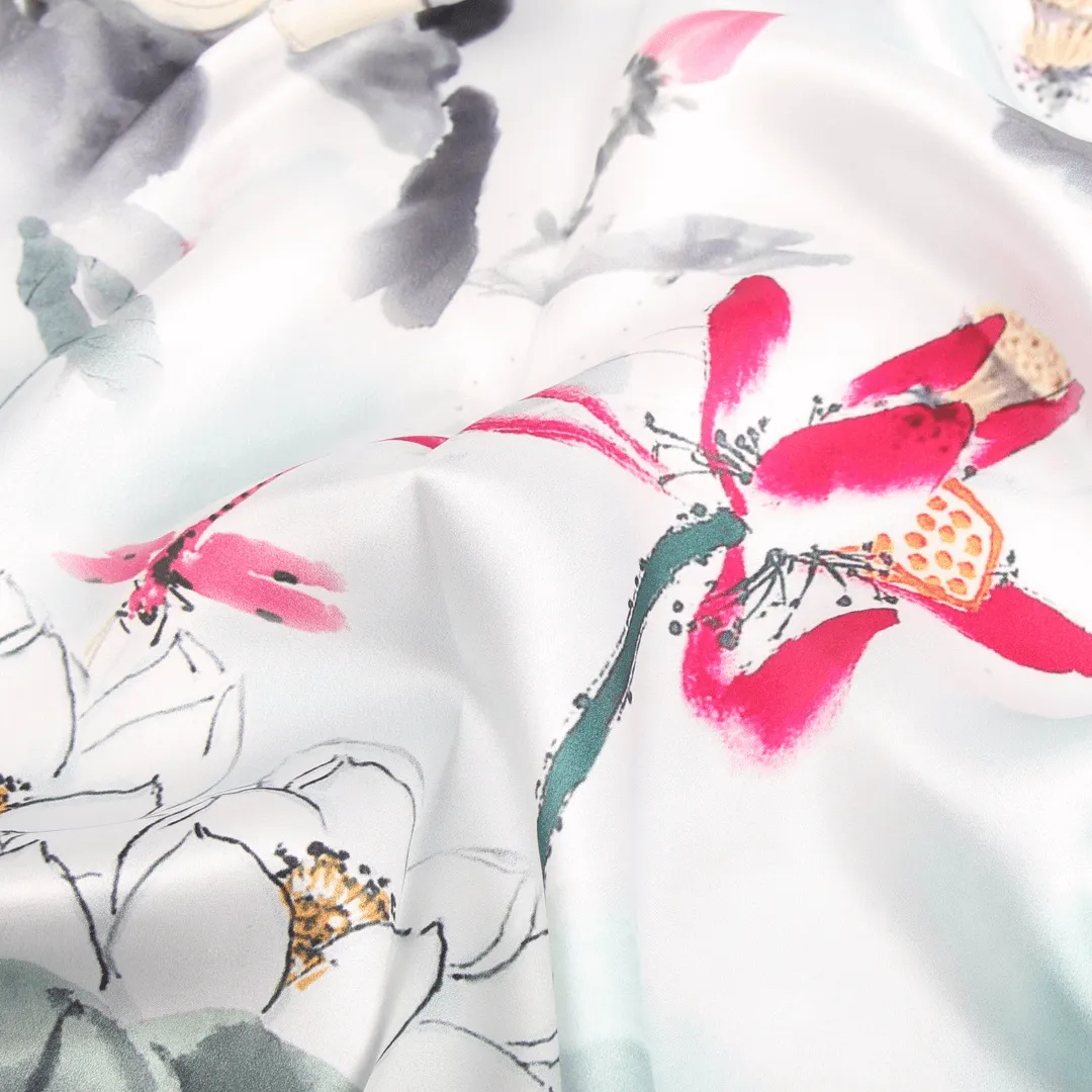 Silk Scarf Collections|Blossom Range|Lotus Design|White|Long Silk Scarf