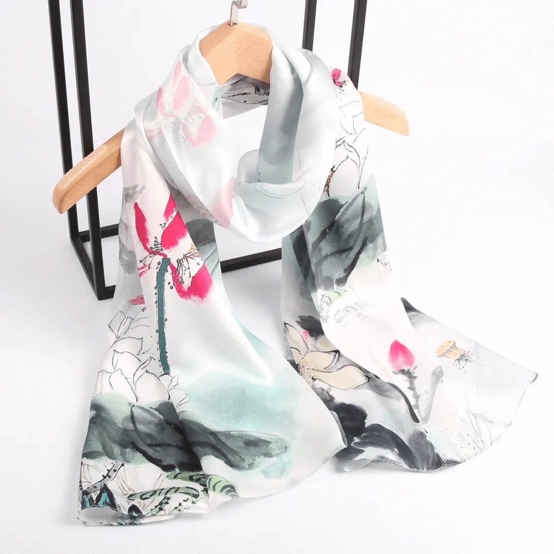 Silk Scarf Collections|Blossom Range|Lotus Design|White|Long Silk Scarf