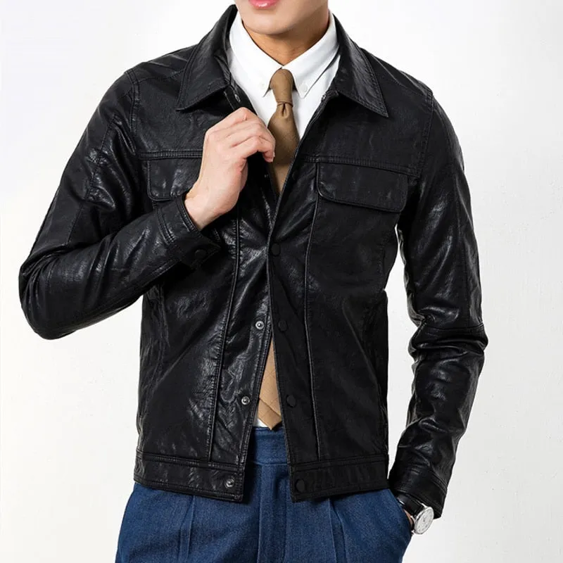 Single Breasted Two Pockets Faux Leather Jacket