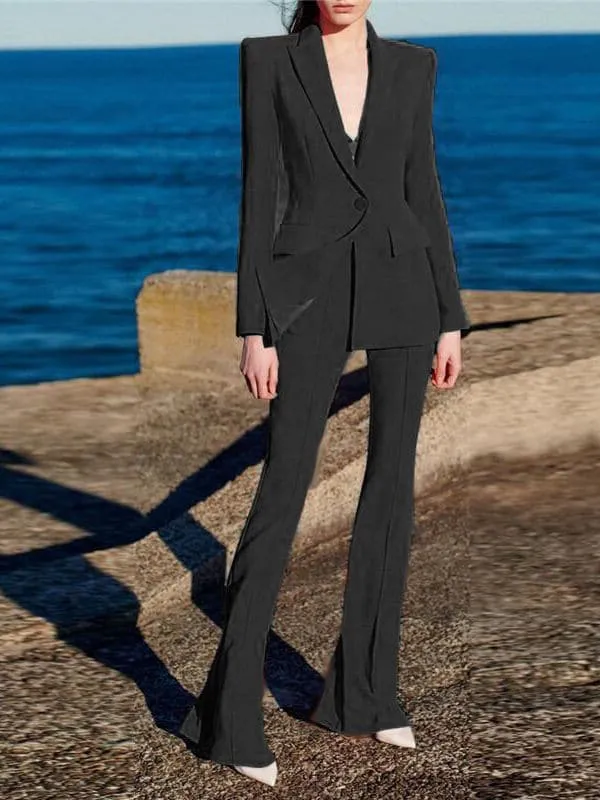 Single Button Blazer Flare Pants Suit