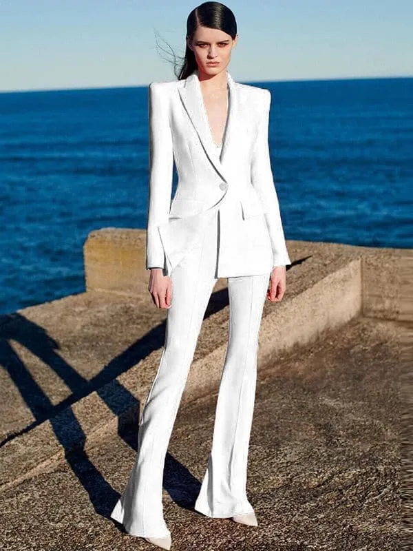 Single Button Blazer Flare Pants Suit