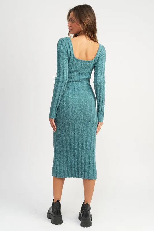 Square Neckline Ribbed Knit Midi Dress