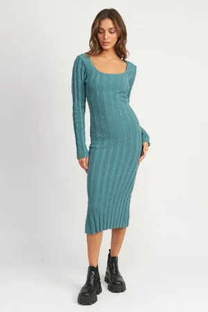 Square Neckline Ribbed Knit Midi Dress