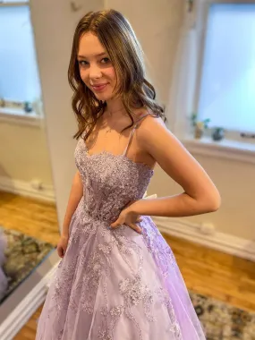 Sweetheart Neck Purple Tulle Lace Long Prom Dresses, Purple Lace Formal Dresses, Purple Evening Dresses