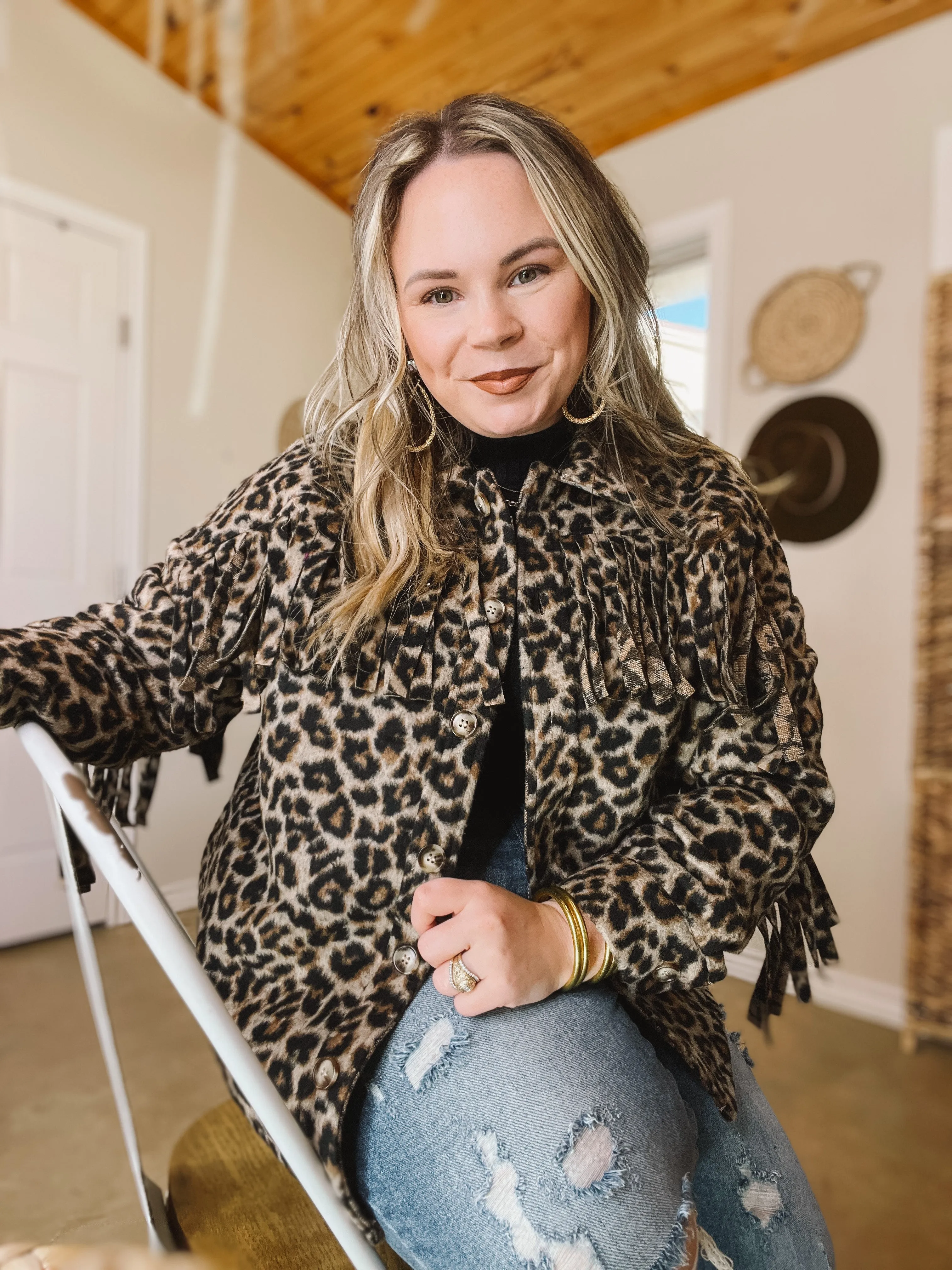 Take Over Leopard Print Button Up Jacket with Fringe in Brown