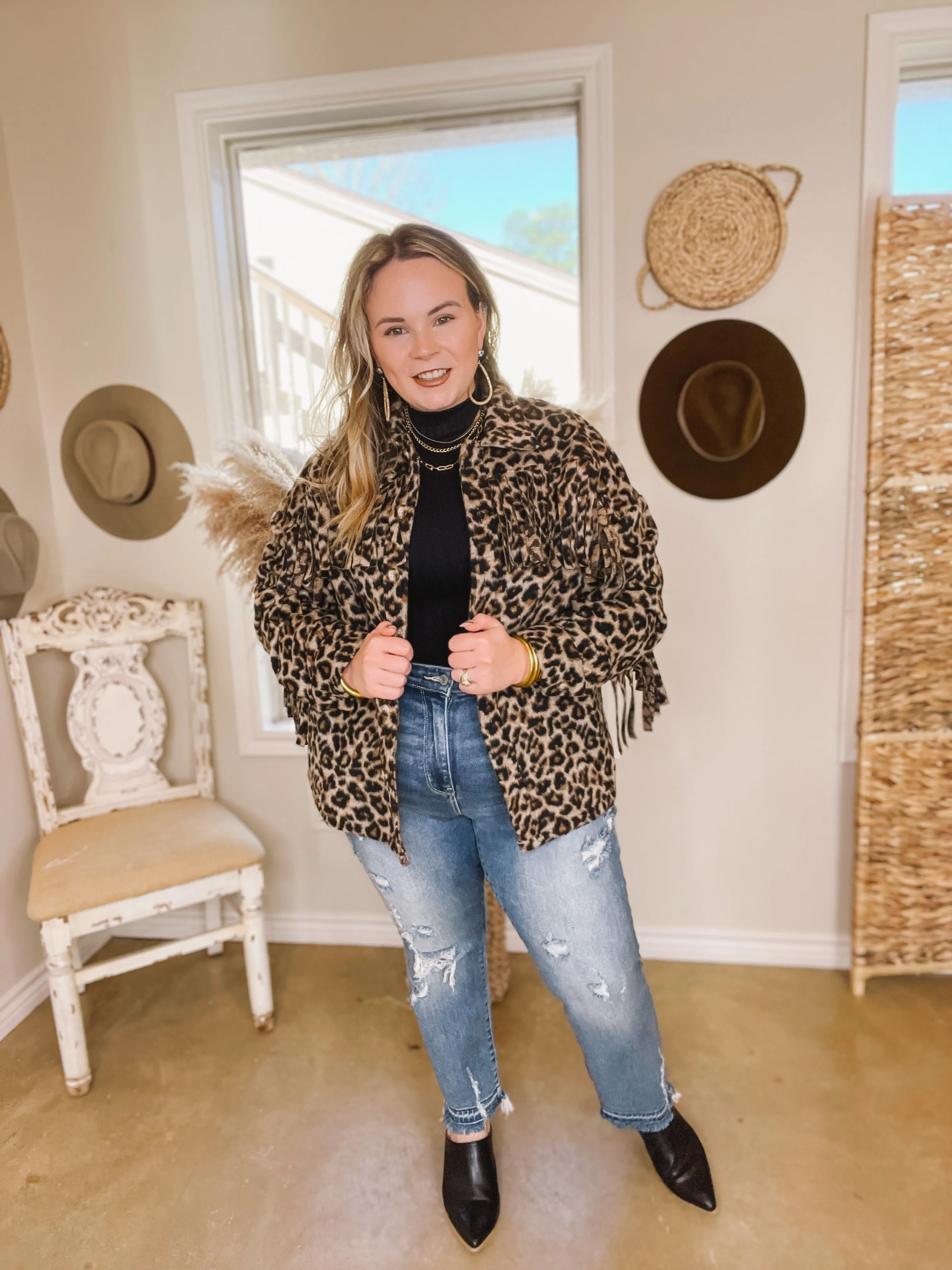 Take Over Leopard Print Button Up Jacket with Fringe in Brown