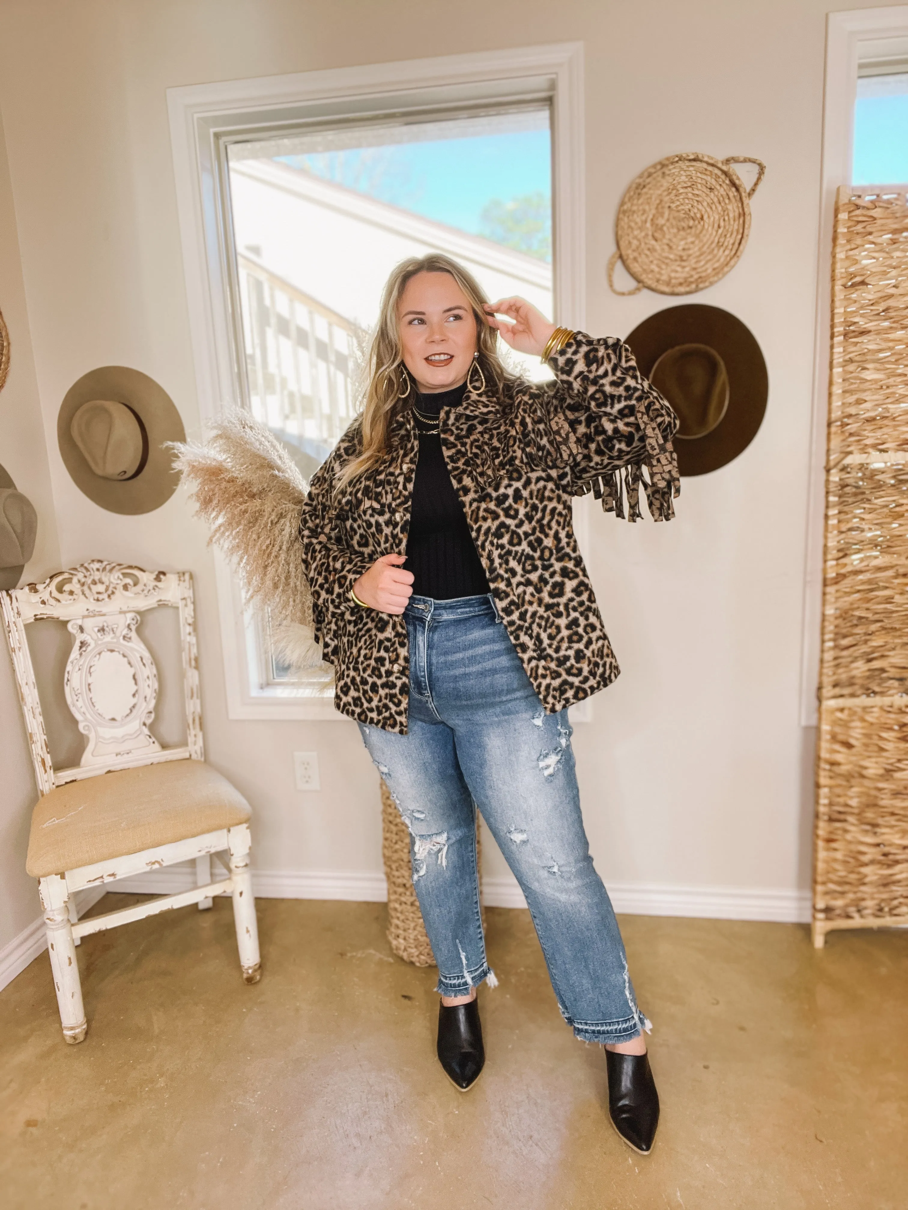 Take Over Leopard Print Button Up Jacket with Fringe in Brown