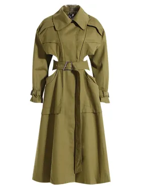 TEEK - Army Green Peep Waist Long Trench Coat