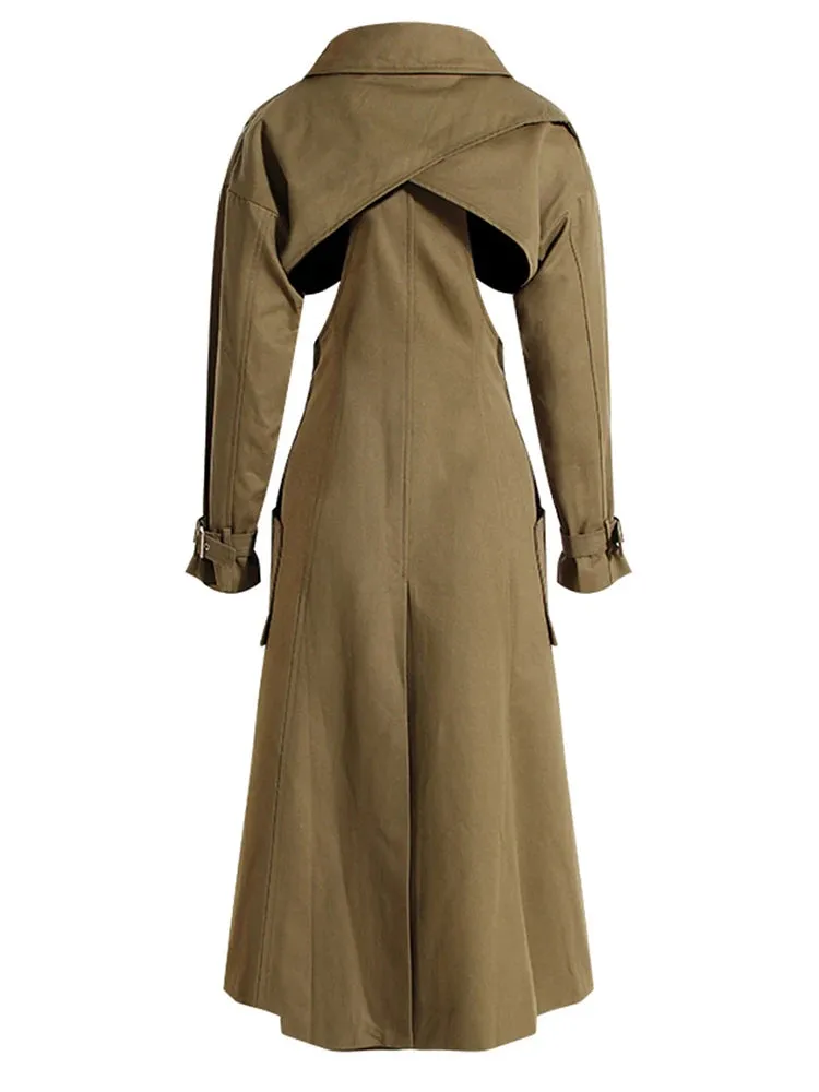 TEEK - Army Green Peep Waist Long Trench Coat