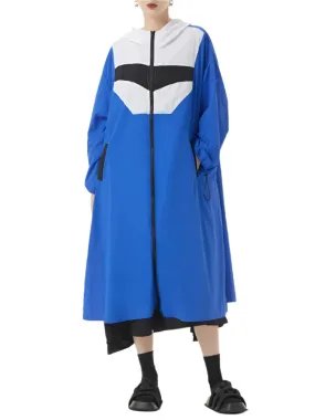 TEEK - Blue Color-Block Long Trench Hooded Windbreaker