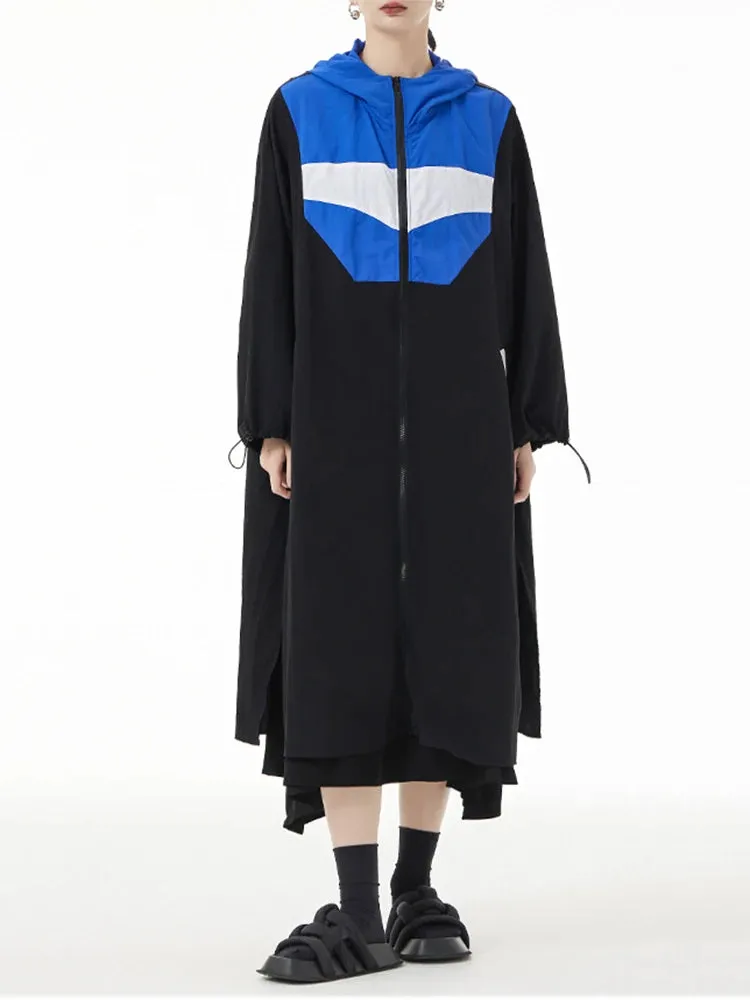 TEEK - Blue Color-Block Long Trench Hooded Windbreaker