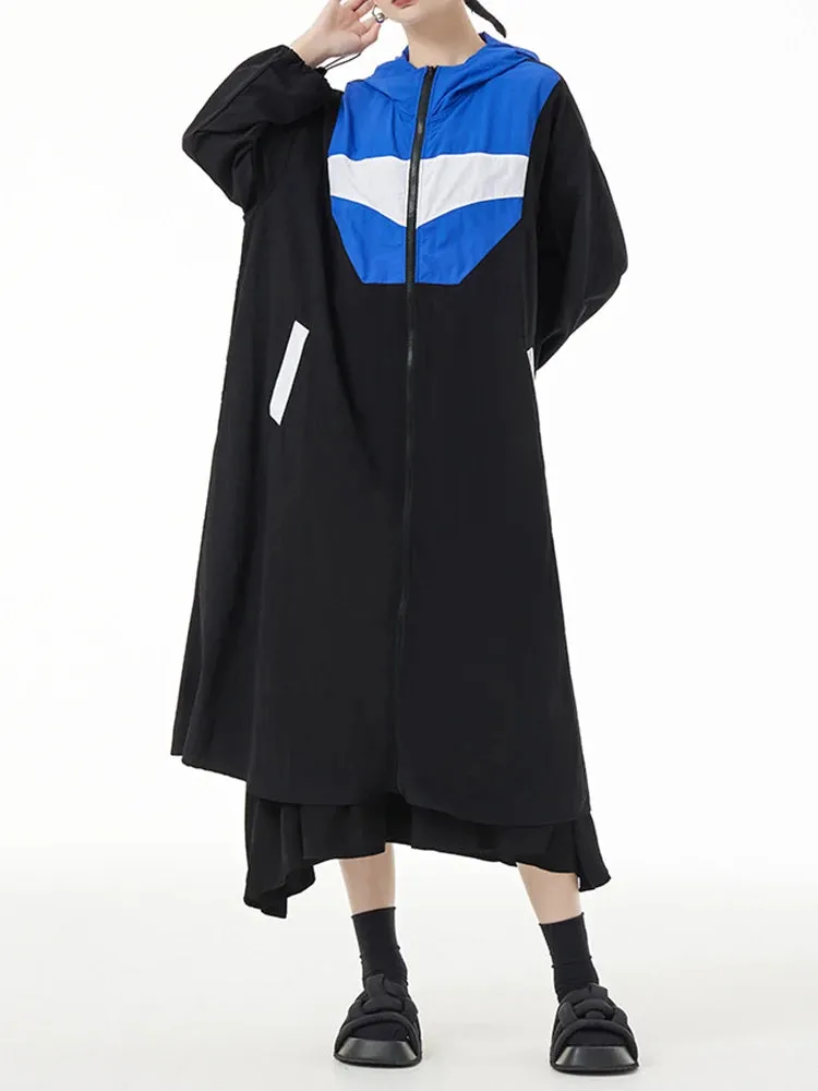 TEEK - Blue Color-Block Long Trench Hooded Windbreaker